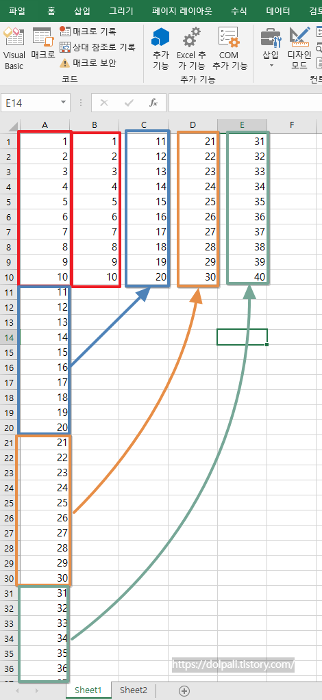 한 줄(열)로 된 데이터 일정 간격으로 나누기