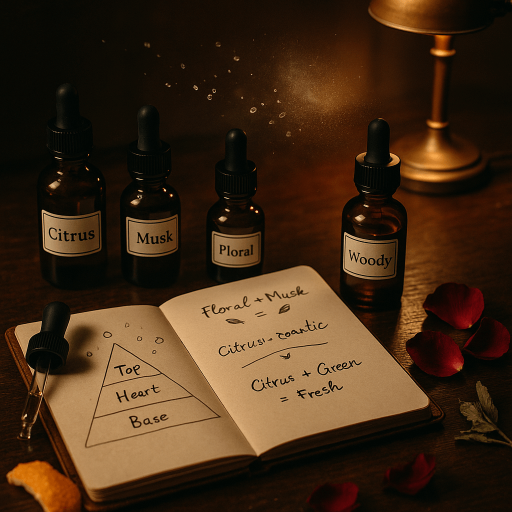 어두운 분위기의 아티장(장인) 스타일 향수 실험 공간을 묘사한 정물 사진입니다. 짙은 나무 테이블 위에는 &lsquo;Citrus&rsquo;, &lsquo;Musk&rsquo;, &lsquo;Floral&rsquo;, &lsquo;Woody&rsquo; 등의 라벨이 붙은 작은 약병들이 각각 빈티지 드로퍼와 함께 정돈되어 놓여 있으며, 중앙에는 가죽 커버 노트북이 펼쳐져 있습니다. 노트 안에는 손으로 그린 향수 피라미드와 &lsquo;Floral + Musk = Romantic&rsquo;, &lsquo;Citrus + Green = Fresh&rsquo;와 같은 조합 메모가 손글씨로 적혀 있습니다. 따뜻한 앰버 톤의 스탠드 조명이 분위기를 비추고 있으며, 공중에는 향료 방울이 고요히 떠 있는 듯한 순간이 포착되어 있습니다. 주변에는 베르가못 껍질, 말린 장미잎 등 식물성 샘플이 놓여 있어 조향의 실험적이고 감각적인 분위기를 자아냅니다