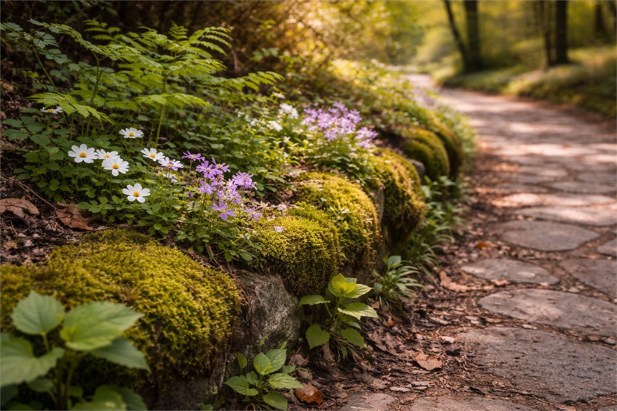 그늘진 숲길 옆 이끼와 어린 잎이 선명하게 보이는 식물 디테일 