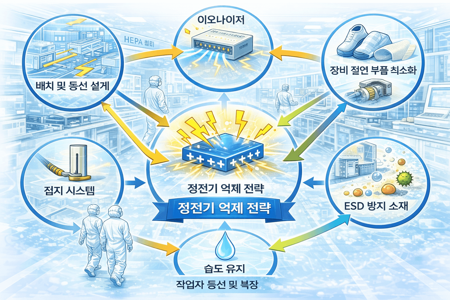 클린룸 전체에서 정전기 관리 요소가 연결되는 흐름도