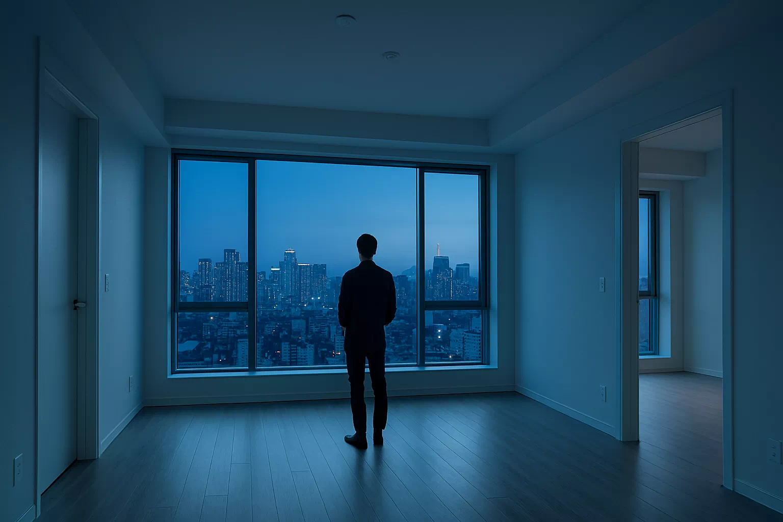 [2026 청년 주택드림 청약통장] 신축 아파트에서 내 집 마련의 꿈을 확인하는 청년의 뒷모습