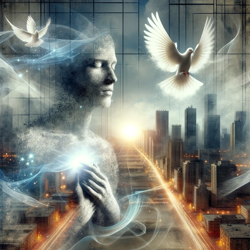 Here is the image depicting the spiritual concept of dying in Christ as a moment of living in Christ, set against a modern urban backdrop.