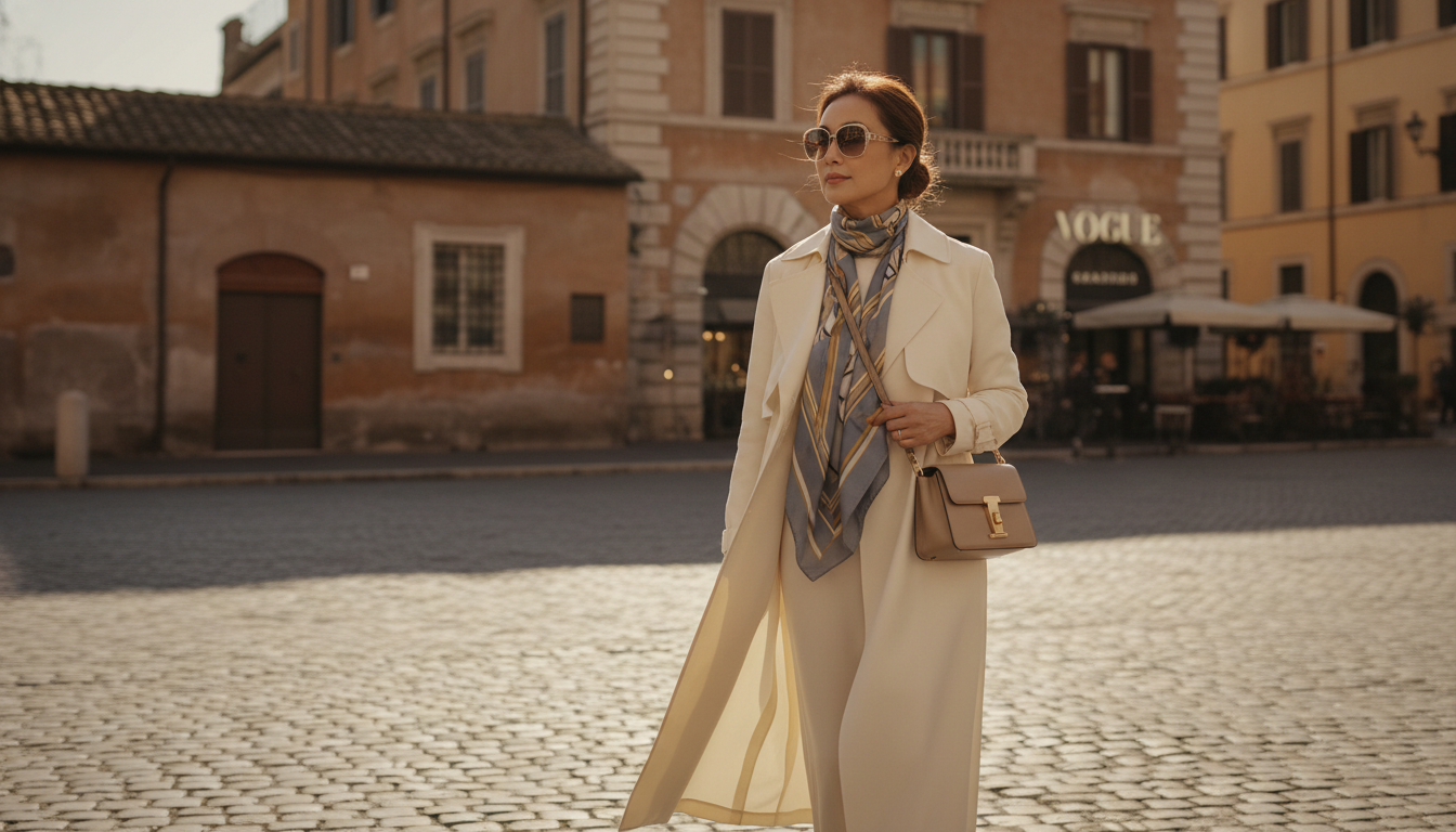 로마 거리를 걷고 있는 우아한 50대 여성의 트렌치코트와 고급스러운 블루-그레이 실크 스카프 코디