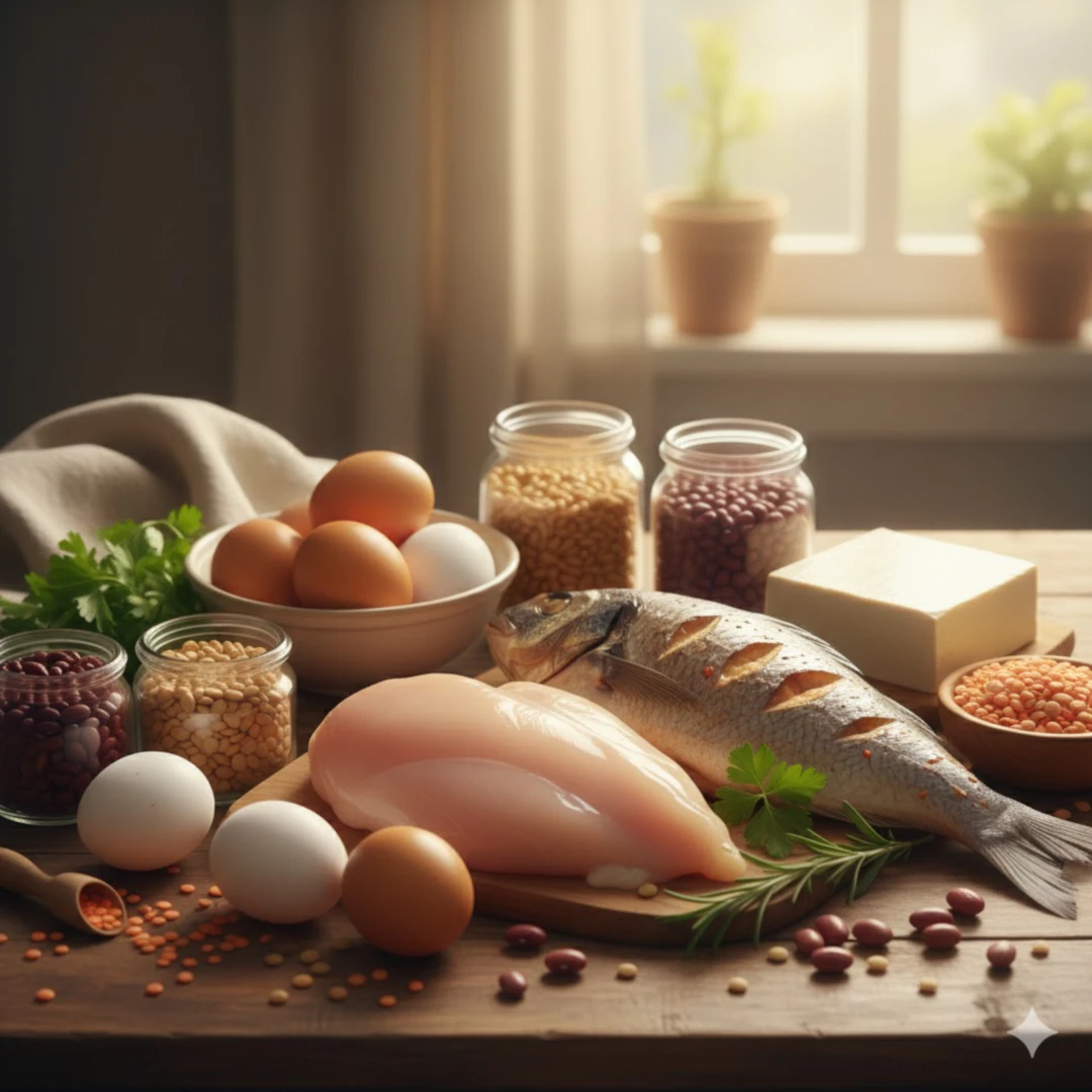 고기(닭가슴살&amp;#44; 생선)&amp;#44; 콩류&amp;#44; 계란 등 단백질이 풍부한 신선한 음식 재료들이 조화롭게 배열된 모습을 따뜻한 자연광 아래에서 촬영한 정물화 같은 이미지입니다. 