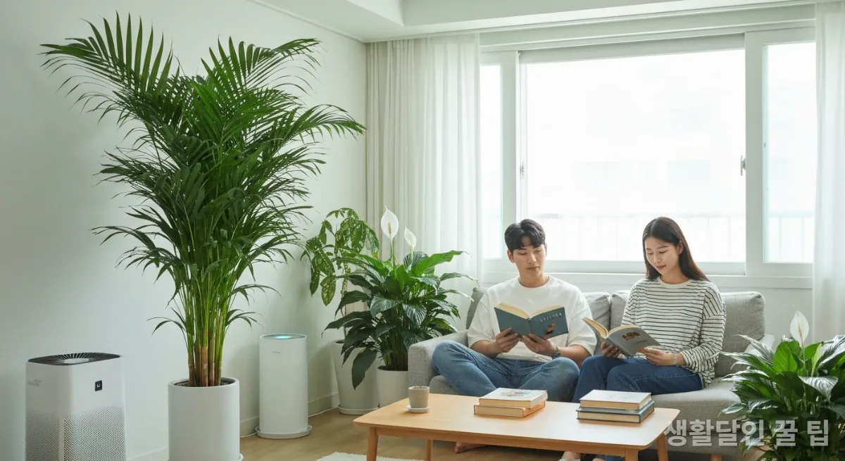 다양한 실내 식물과 공기청정기가 놓인 한국 아파트 거실에서 휴식하는 부부. 실내 미세먼지 관리를 나타냄.