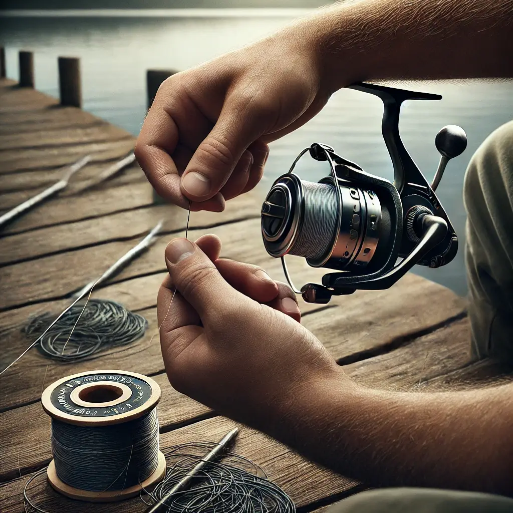 낚싯줄을 교체하는 낚시꾼의 손과 낚싯대