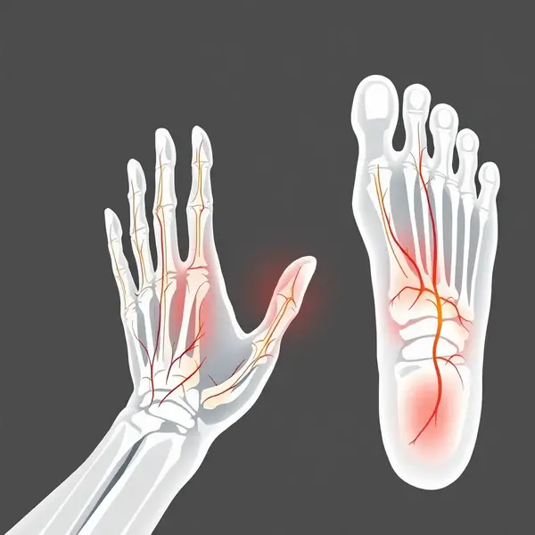 손과 발의 말초신경 경로와 저림 부위를 나타낸 의학 일러스트