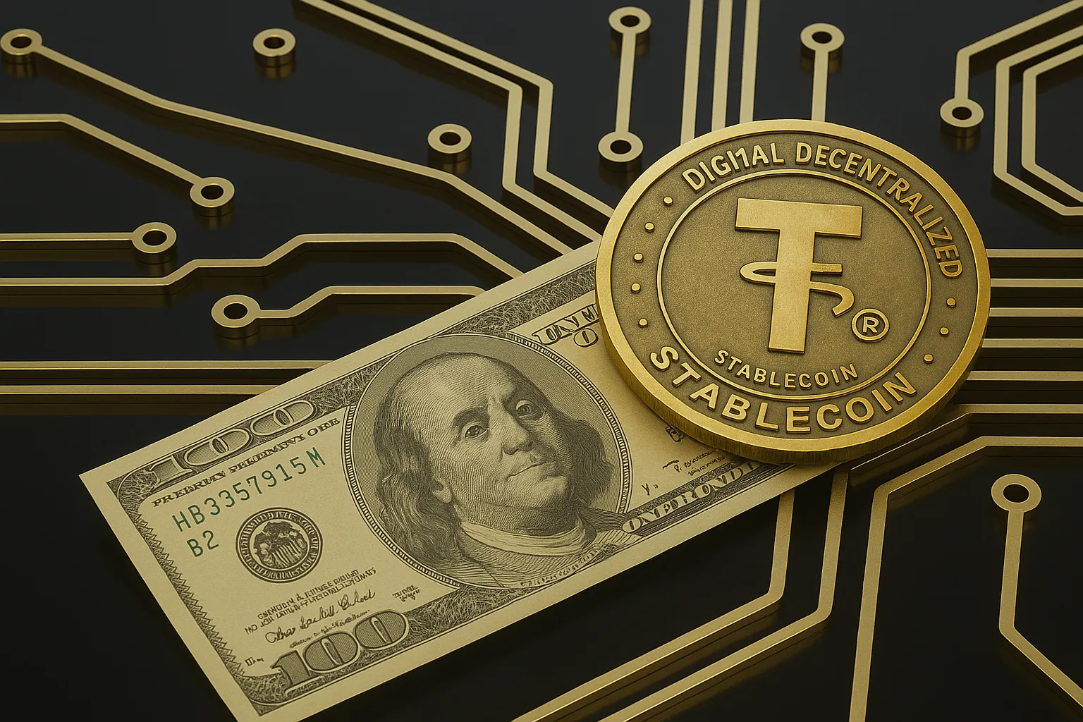 달러 지폐 위에 놓인 스테이블코인 메달, 디지털 회로 배경