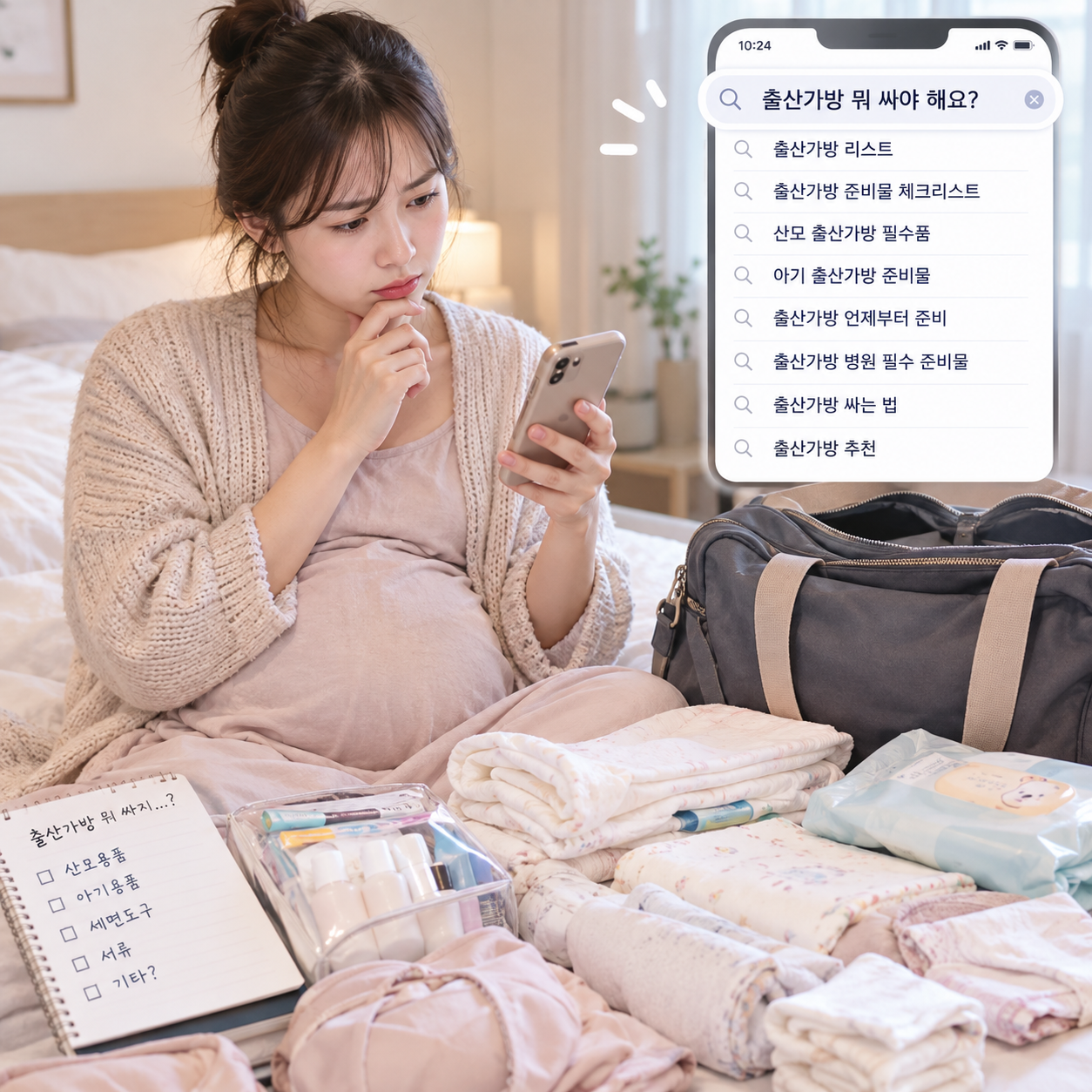 출산 가방을 싸는 데 고민이 많은 산모의 모습