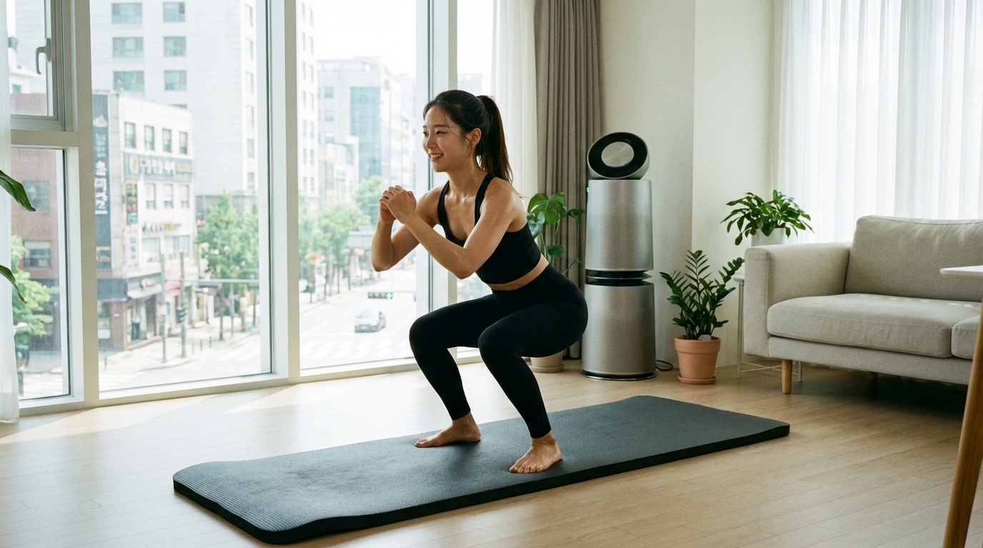 한국 아파트 거실에서 두꺼운 요가 매트를 깔고 층간소음 없이 스쿼트 홈트레이닝을 하는 여성의 모습