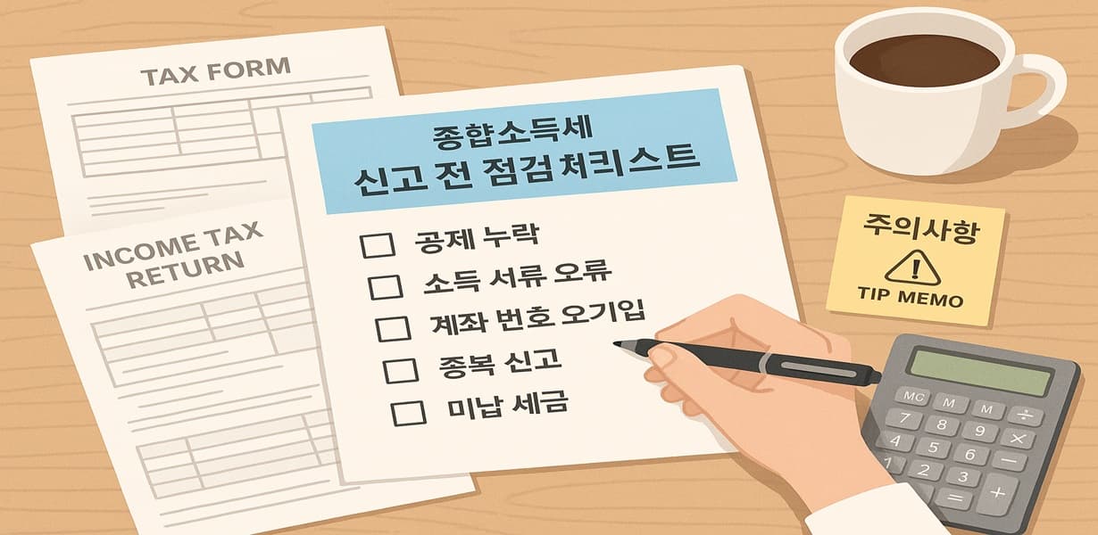 종합소득세 신고 전 주의사항 체크리스트와 각종 세무 서류, 계산기, 커피잔이 책상 위에 정리된 모습