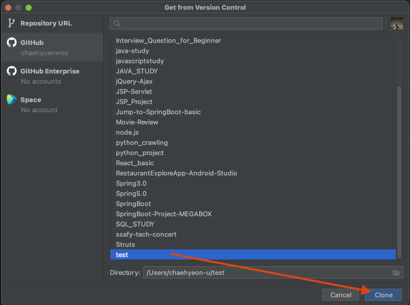 4. 연동할 Repository 선택 후 Clone 클릭
