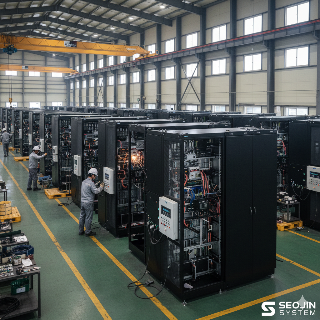 서진시스템의 대규모 공장 내부에서 작업자들이 에너지저장장치(ESS) 함체 및 랙을 정밀하게 제조하고 조립하는 모습