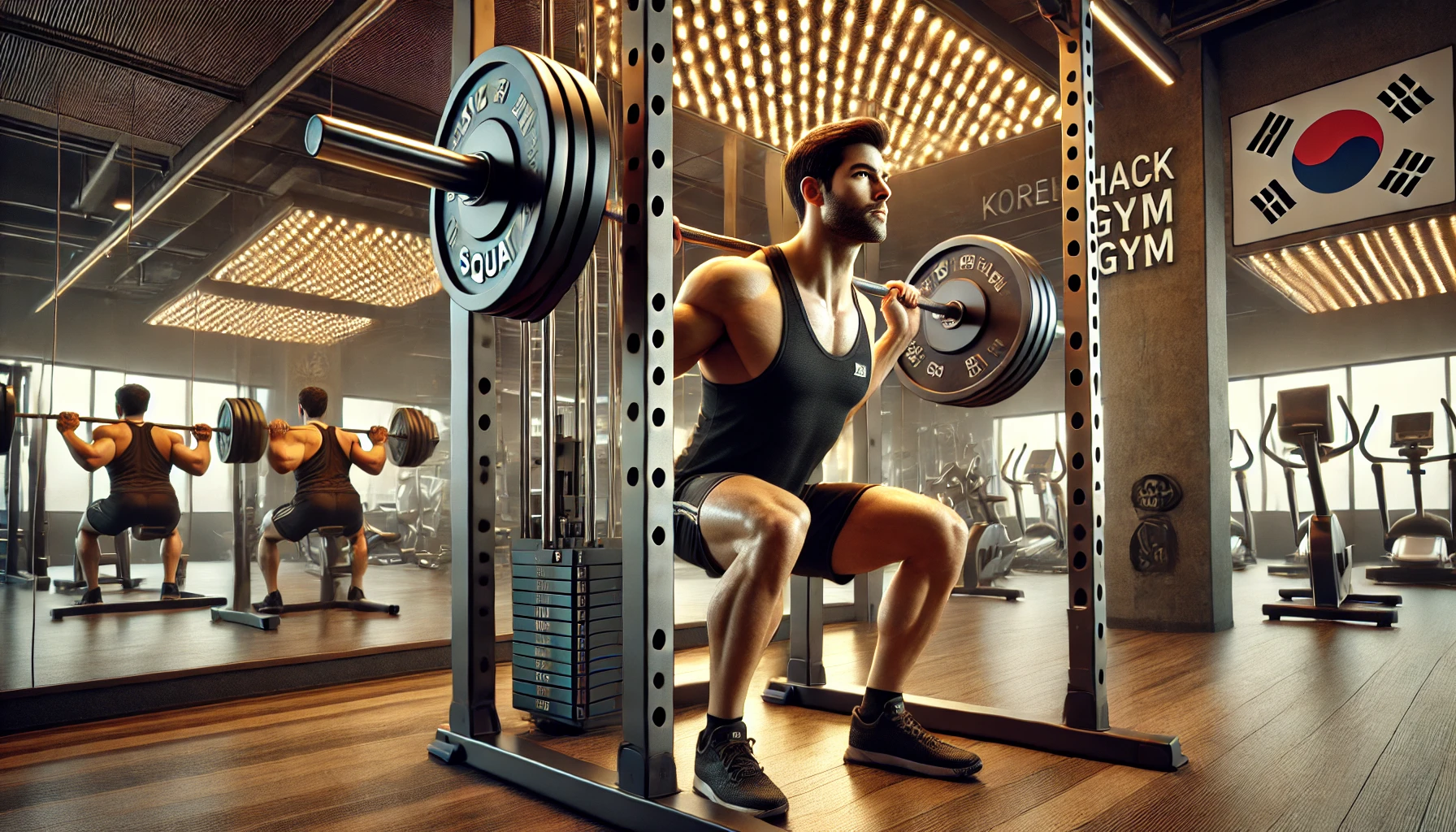 한국식 헬스장에서 검은색 탱크톱과 운동 반바지를 입은 근육질 남성이 핵스쿼트 머신을 이용하여 운동하는 모습. 헬스장에는 최신식 운동 기구와 대형 거울이 있으며, 한국어 동기부여 포스터가 벽에 걸려 있다.