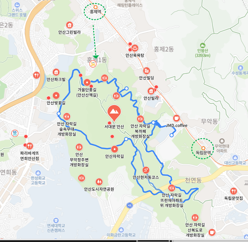 서울 안산(무악산) 등산코스 지도