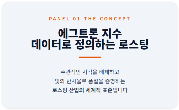 에그트론 지수가 주관적 시각을 배제하고 빛의 반사율로 로스팅 품질을 정의하는 세계적 표준임을 설명하는 타이틀 패널. 로스팅 결과물을 정량화된 데이터로 관리해야 하는 당위성을 강조함.