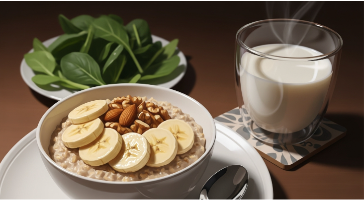 바나나와 견과류가 올라간 오트밀, 따뜻한 우유, 채소가 담긴 접시, 숙면에 좋은 건강한 식단을 보여줍니다.