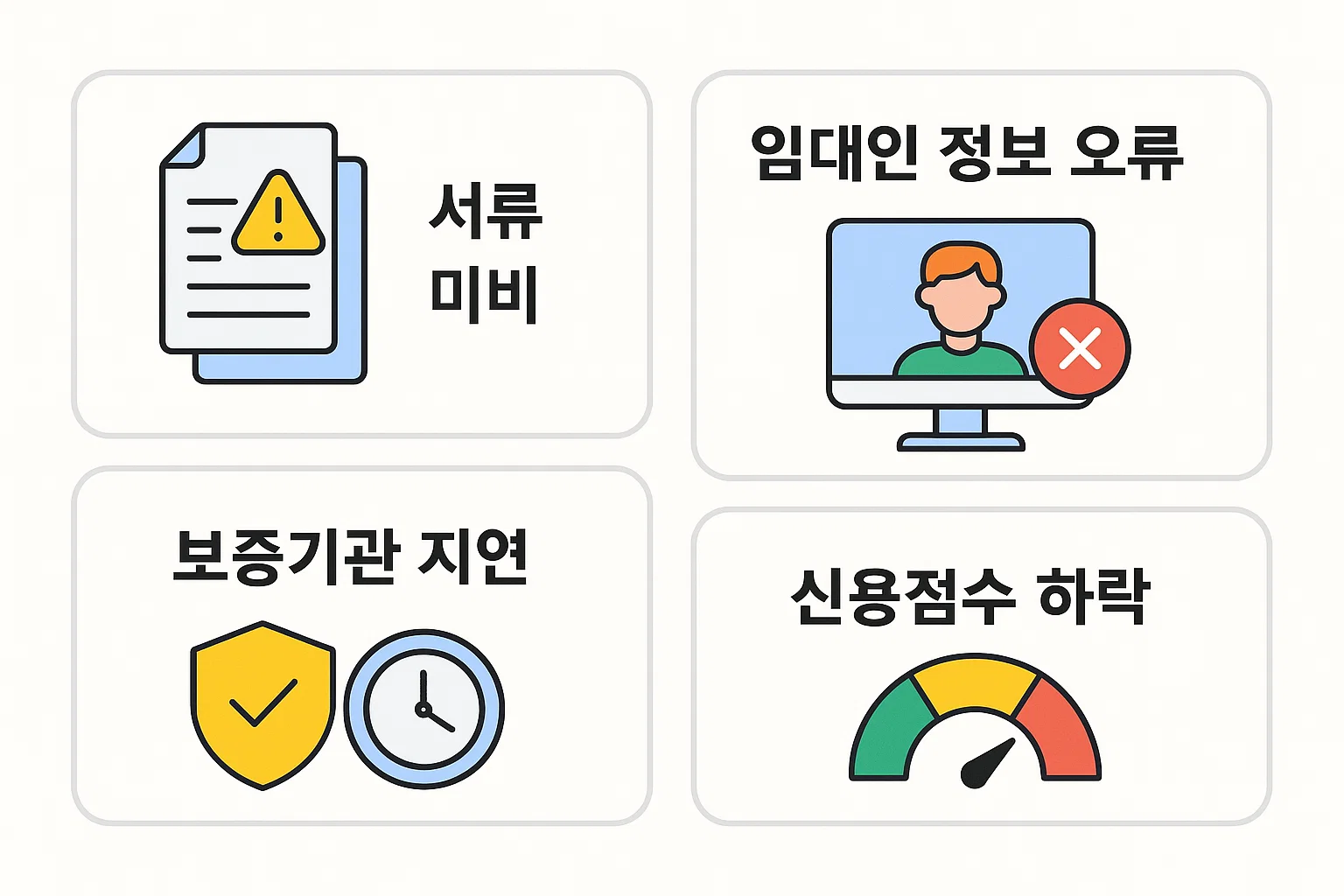 서류 미비, 임대인 정보 오류, 보증기관 지연, 신용점수 하락 등 버팀목 전세자금대출 심사가 늦어지는 주요 원인을 사례별로 정리한 인포그래픽. 문제 발생 시점별 대응 포인트를 설명함.