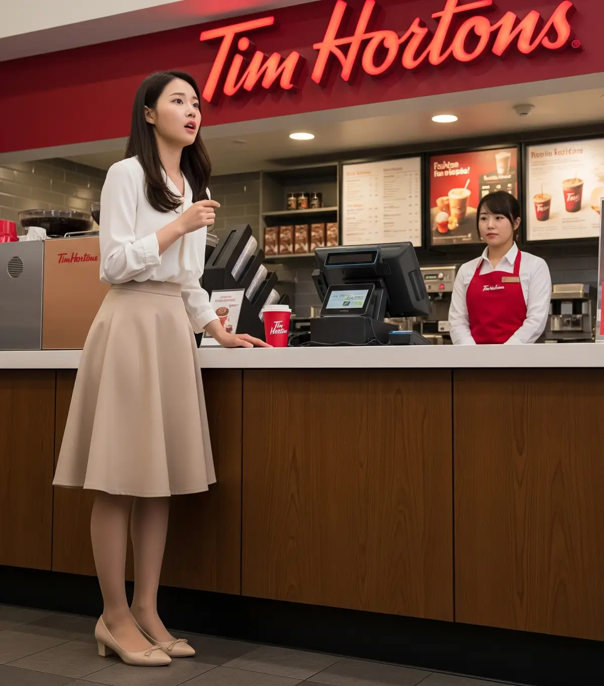 캐나다 팀홀튼 카운터에서, 주문을 하려다 영어 울렁증으로 얼어붙어 당황하며 말을 잇지 못하고 있는 한국 여성
