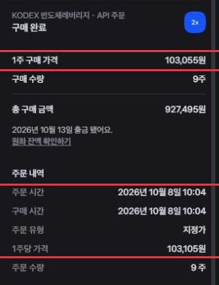 10월 8일 토스 주문 상세. KODEX 반도체레버리지 API 주문 구매 완료, 1주 구매 가격 103,055원, 구매 수량 9주, 총 구매 금액 927,495원, 주문 시간과 구매 시간 모두 2026년 10월 8일 10:04, 주문 유형 지정가, 1주당 가격 103,105원