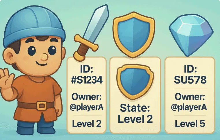 SUI 블록체인의 객체 기반 자산 구조를 픽사풍 일러스트로 표현한 이미지. 캐릭터와 함께 세 가지 게임 아이템(검, 방패, 보석)이 각각 고유 ID와 소유자 정보, 상태(Level)를 갖춘 독립된 객체로 시각화되어 있으며, 블로그의 Web3 게임 구조 설명과 관련된 내용을 직관적으로 전달함 (object-based asset structure, SUI Web3 game model)