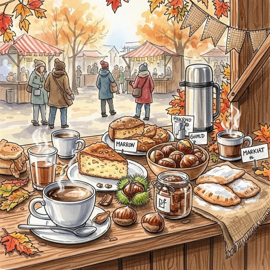 맛있는 밤 요리와 따뜻한 음료가 가득