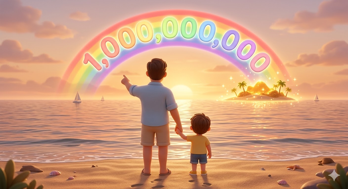 숫자 '100,000,000'이 거대한 황금 나무로 자라나 '1,000,000,000' 열매를 맺는 3D 일러스트. 나무 옆에는 ISA라고 적힌 물조리개가 놓여 있음