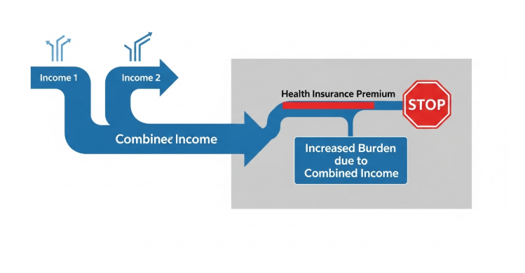 두 개의 소득이 합쳐져 건강보험료 부담이 증가하는 현상을 막는 인포그래픽.