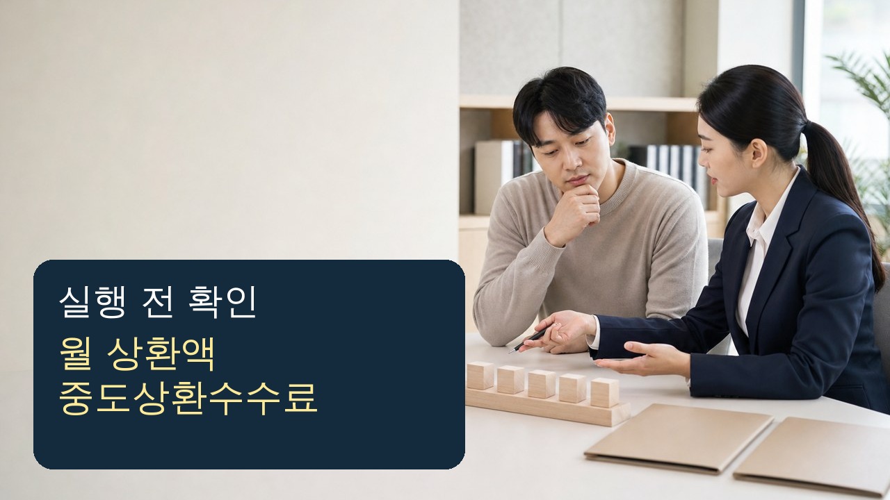 대출 실행 전에 월 상환액과 중도상환수수료, 우대조건을 확인하는 금융 상담 장면
