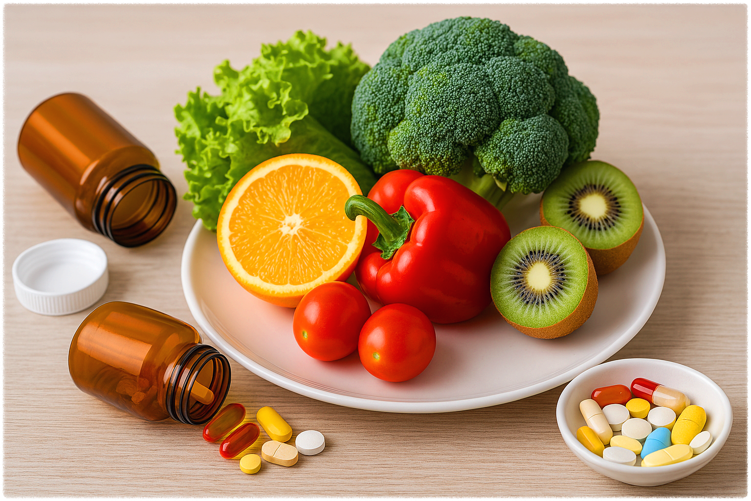 비타민과 미네랄이 풍부한 음식과 영양제의 이미지