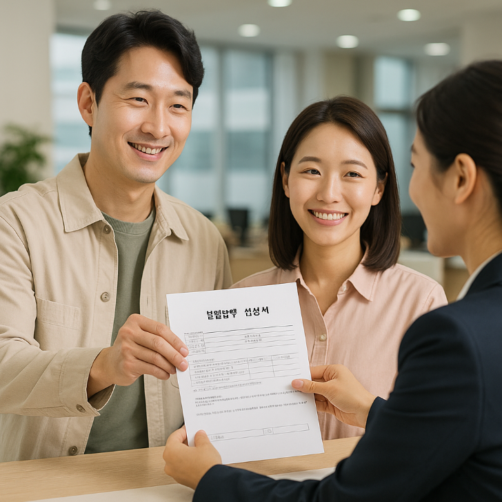 공공기관에서 분할납부 신청을 마친 후, 긍정적인 표정을 짓고 잇는 사람들이 서류를 제출하는 모습