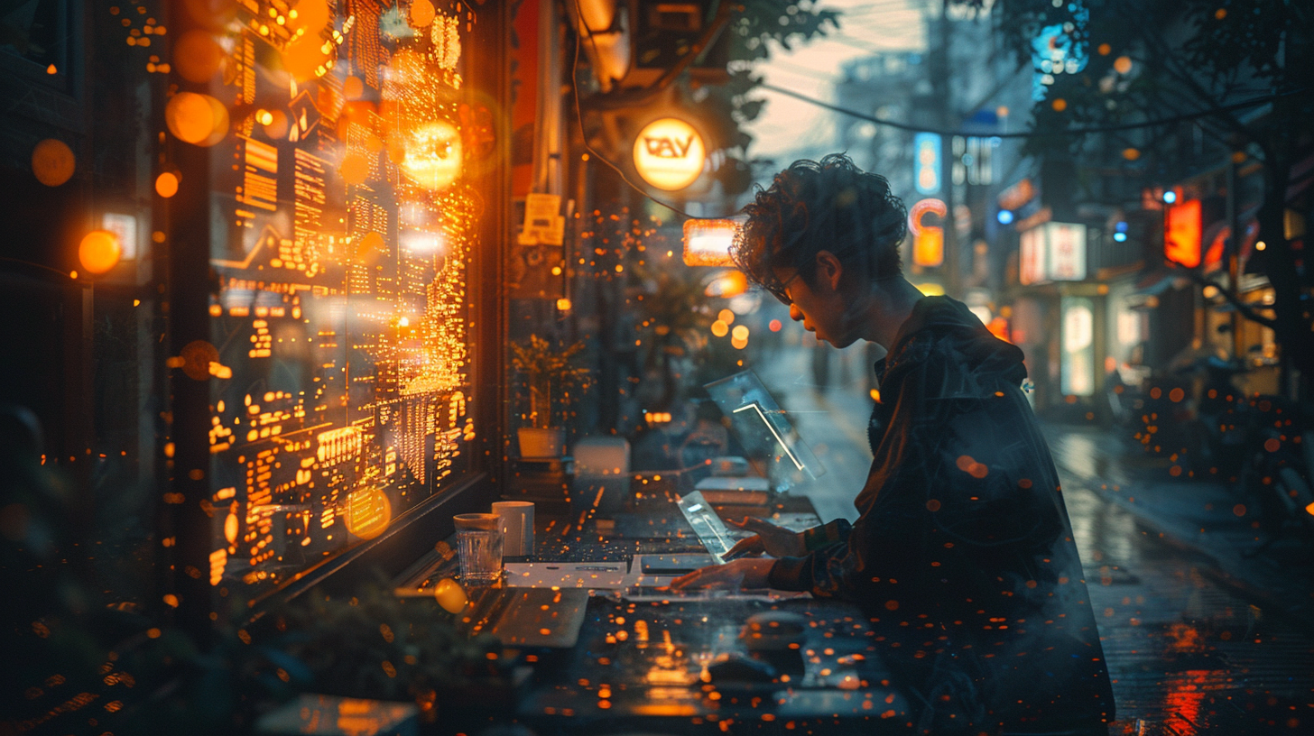 사무실 환경에서 사람과 홀로그램으로 표현된 AI 비서가 창의적인 프로젝트를 함께 작업하는 협업 장면