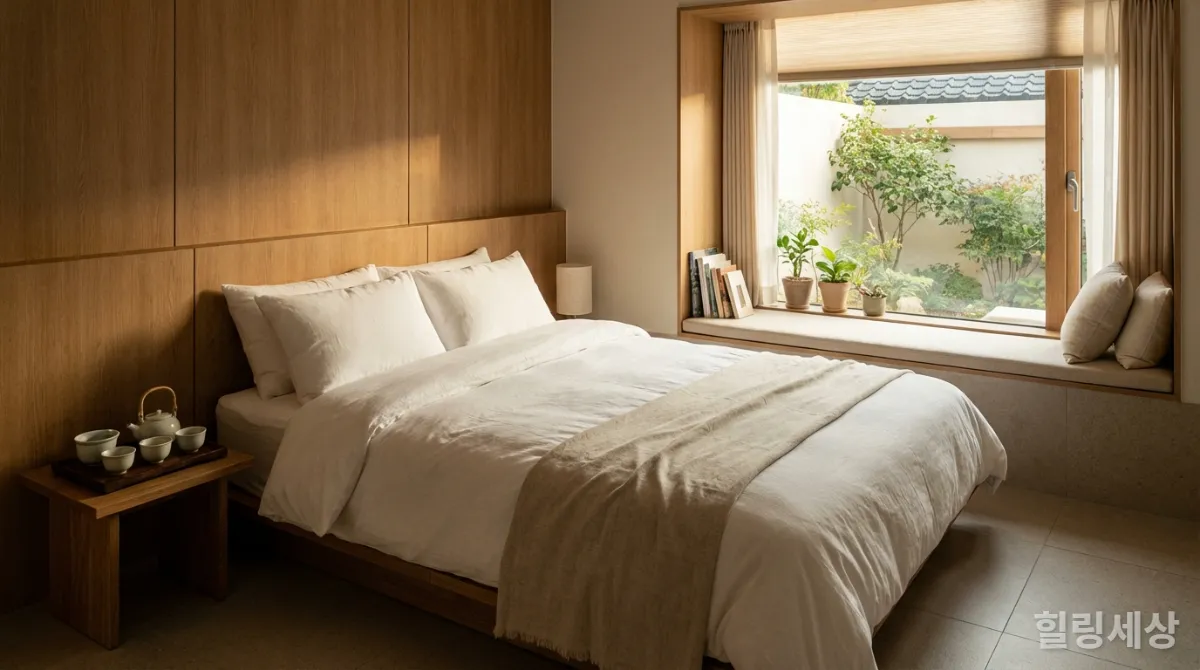 깔끔하고 아늑하게 꾸며진 현대식 한국 게스트하우스의 1인실 내부