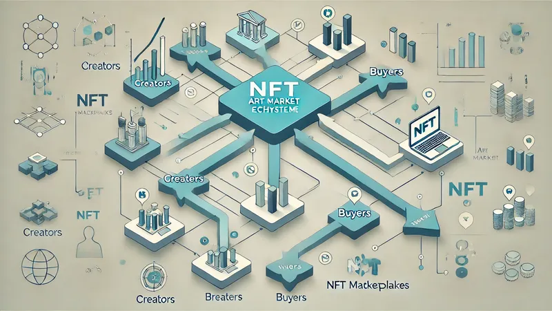 NFT 아트 마켓 생태계: 창작자, 구매자, 거래소, 수익 구조를 포함한 시장 흐름도
