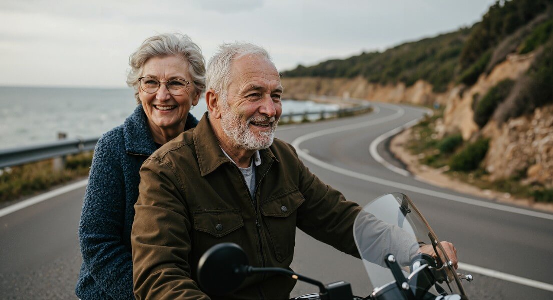노후에 부부끼리 오토바이를 타고 즐기는 모습