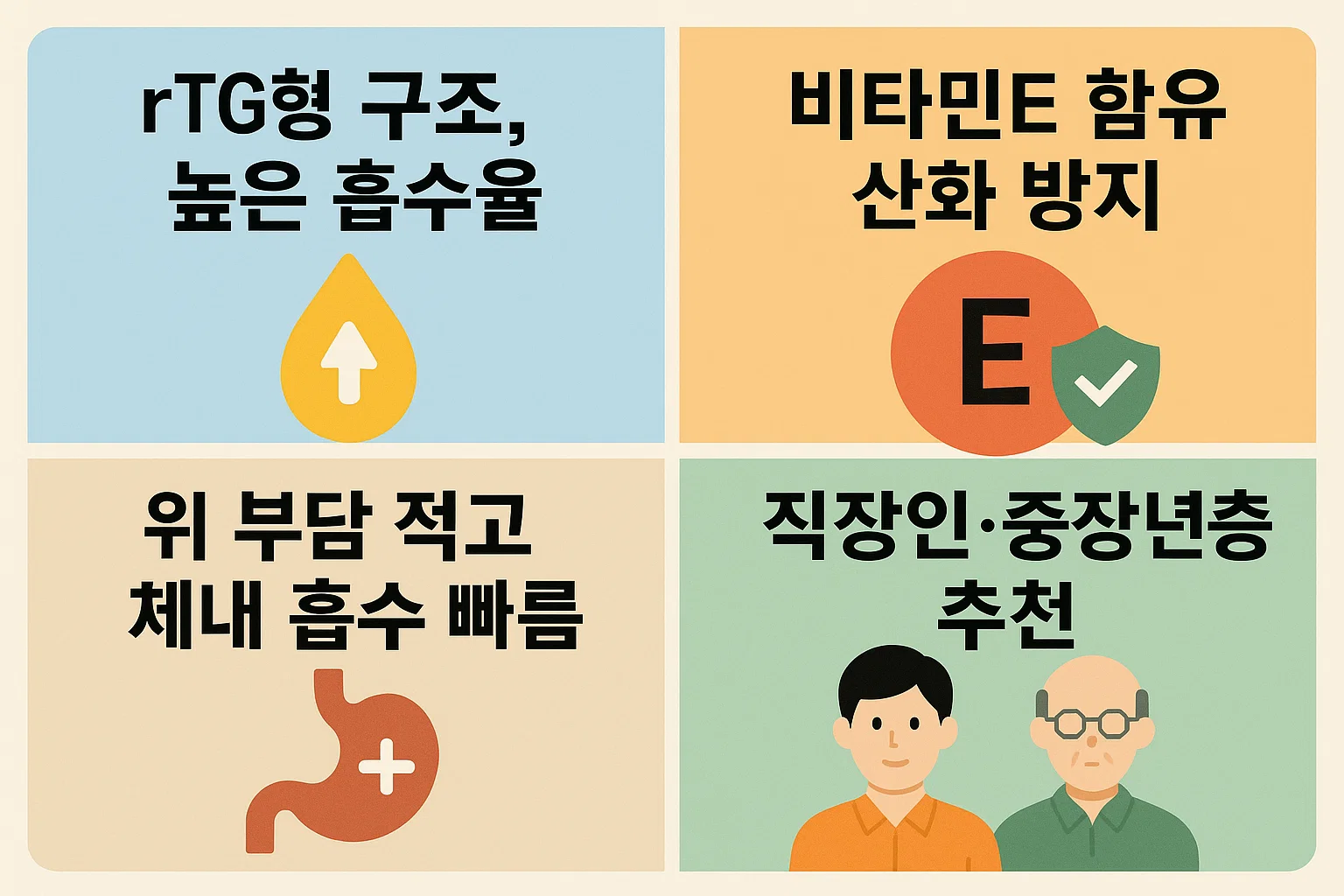 rTG형 구조의 높은 흡수율, 비타민E 산화 방지, 위 부담 완화, 직장인과 중장년층에게 적합한 이유를 시각화한 인포그래픽.
