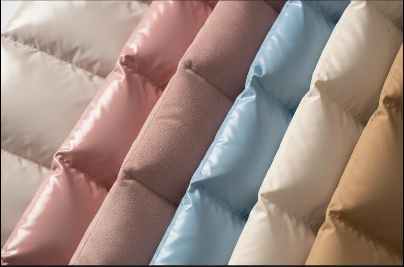 다양한 질감의 핑크, 스카이블루, 베이지색 컬러 패딩 소재 클로즈업. 글로시한 광택과 부드러운 무광택 질감이 돋보인다.