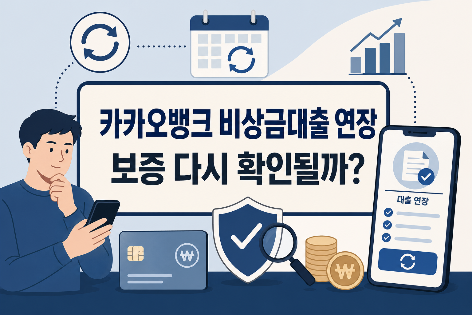 카카오뱅크 비상금대출 연장 시 보증 확인 여부와 앱 신청 흐름을 한눈에 이해하도록 구성한 썸네일 이미지