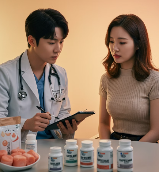 만성염증에 좋은 음식 영양제 차에 대해 의사와 대화하는 여성 2