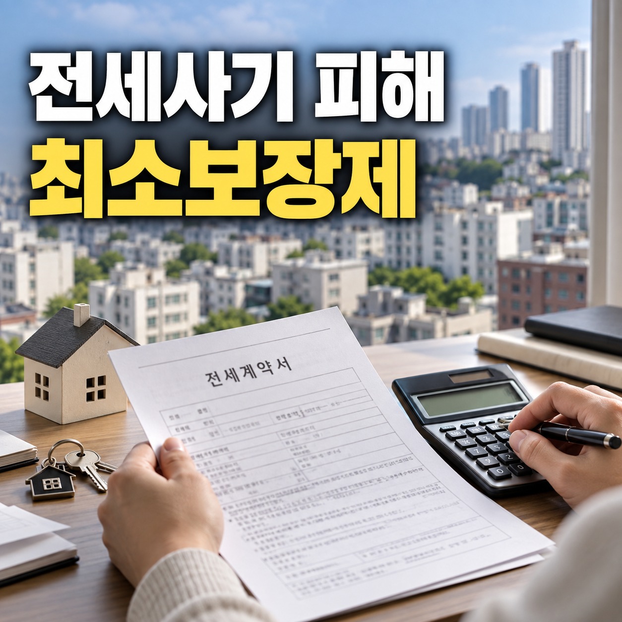 전세계약서와 계산기를 살펴보며 전세사기 피해 지원을 확인하는 장면