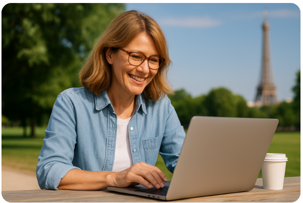 노트북으로 일하는 중년 프리랜서 여성