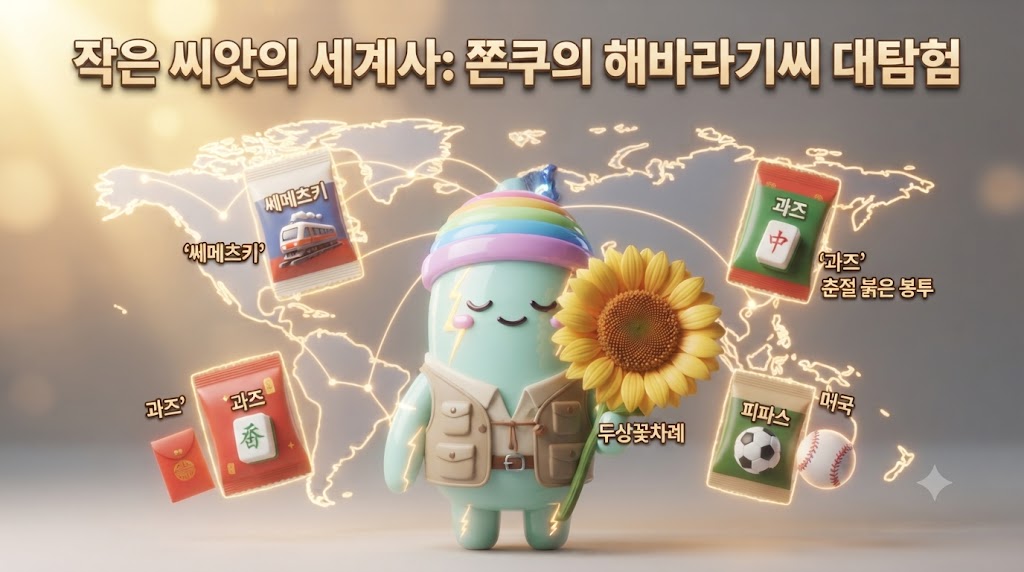 쫀쿠의 밥상 이야기, 이번엔 작지만 강렬한 존재감, 해바라기씨입니다! 입체적인 3D 쫀쿠가 거대한 해바라기 꽃 머리(두상꽃차례)를 들고 환하게 웃고 있습니다. 쫀쿠의 손과 앞니 주변으로는 러시아의 '쎄메츠키', 중국의 '과즈', 스페인의 '피파스'를 상징하는 각국의 독특한 해바라기씨 포장지들이 둥실 떠다니며 세계 지도를 배경으로 씨앗 문화의 다양성을 보여줍니다.