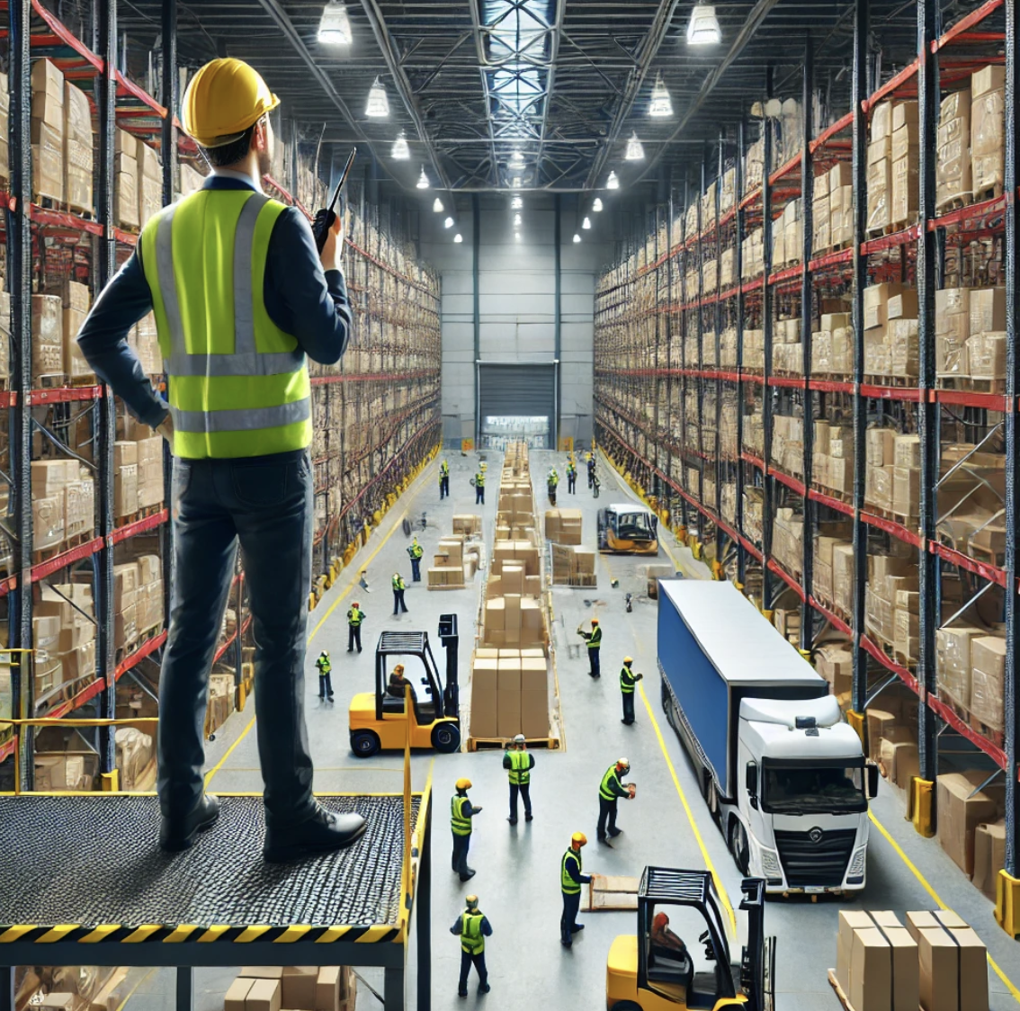 물류 센터 관리자의 현장 지휘하는 모습