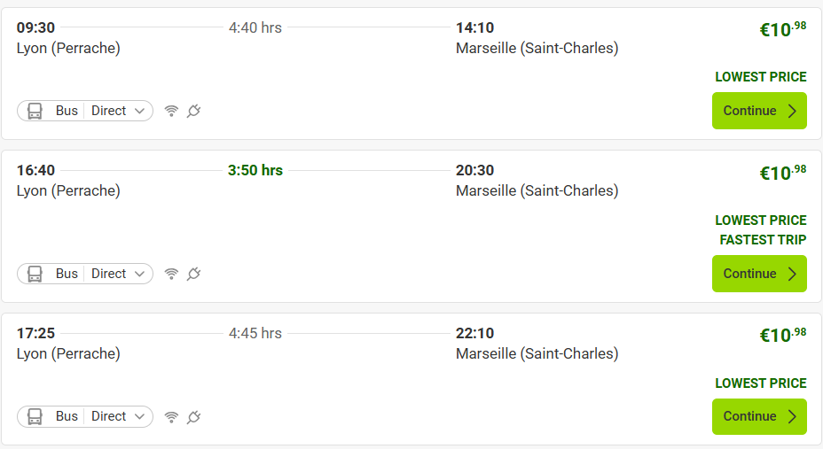 리옹에서 마르세유 버스 요금
