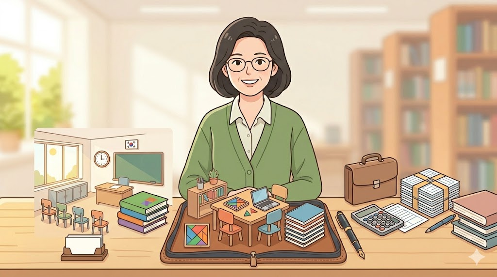 따뜻한 색감의 단순한 일러스트로 표현한 40대 여성 교육 전문가. 안경을 쓰고 미소 짓고 있으며, 책상 위에는 수학 교구와 쌓여있는 책들, 그리고 세 가지 커리어 옵션(학교 강사, 학습지 교사, 공부방 창업)을 상징하는 카드가 놓여 있다. 뒤편에는 가득 찬 책장이 있으며, 창밖으로 한국식 학교 풍경이 보이는 친근한 분위기의 이미지.