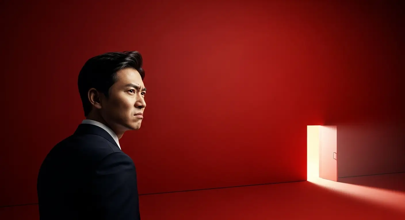 DSR이라는 붉은 벽에 막힌 한국인 사업가가 2금융권이라는 열린 문을 발견하는 모습