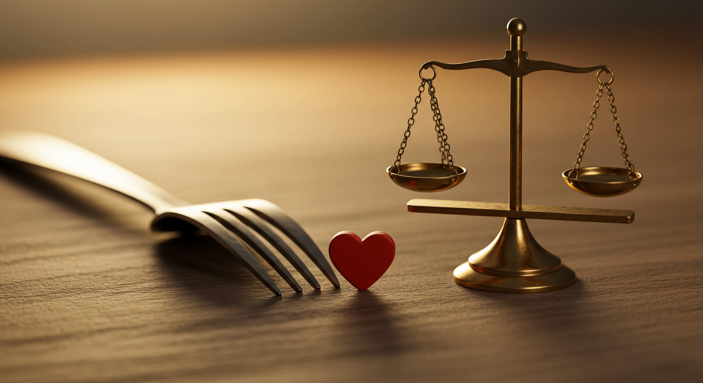 선택·균형·만족을 상징하는 포크·작은 저울·하트 토큰의 근접 정물 사진