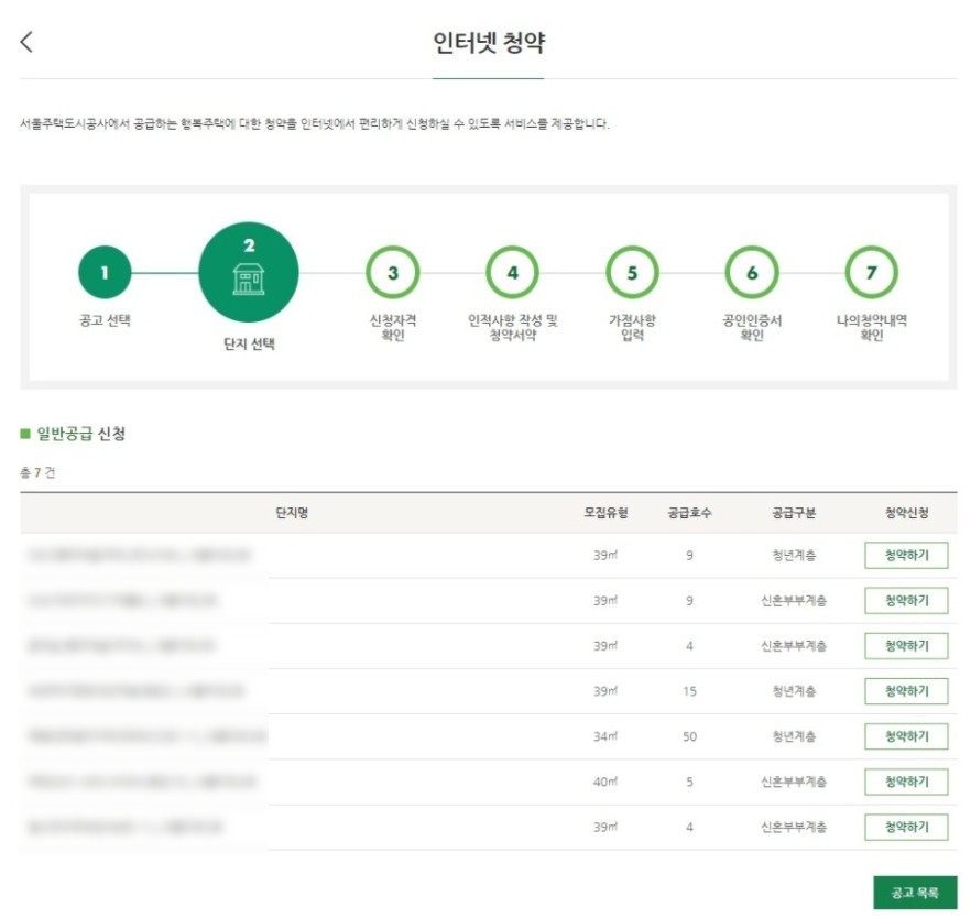 SH행복주택 온라인청약 단지선택 안내