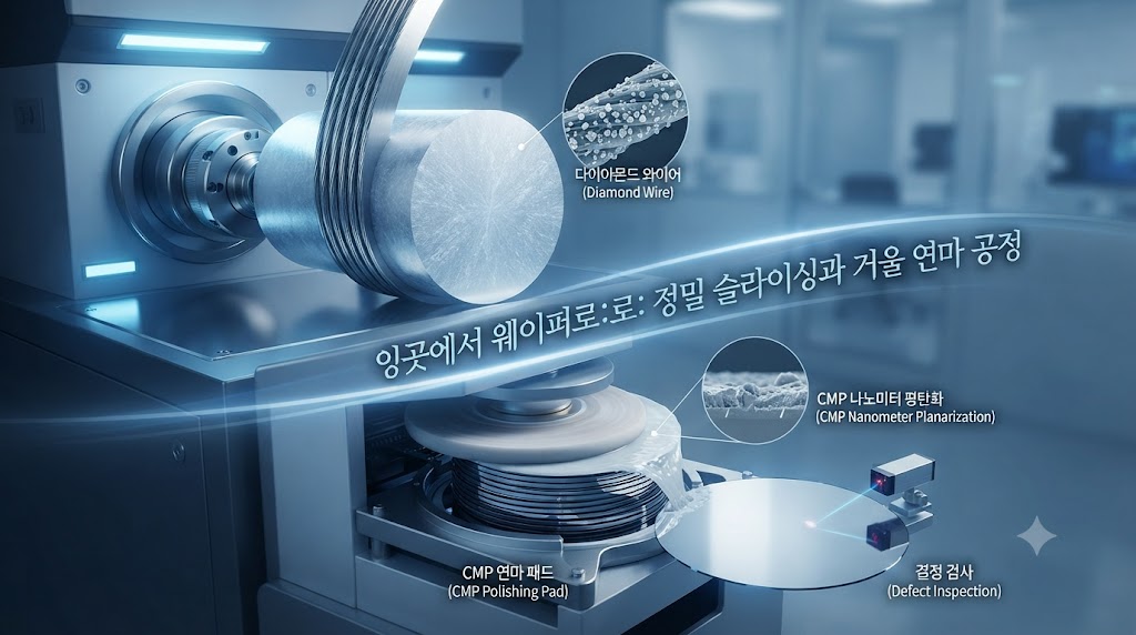 원통형 실리콘 덩어리인 잉곳을 얇게 슬라이싱하고, 표면을 평탄하게 갈아내고 세정하여 반도체 회로를 그릴 수 있는 완벽한 '거울 상태'의 웨이퍼로 만드는 정밀 가공 기술을 소개합니다.