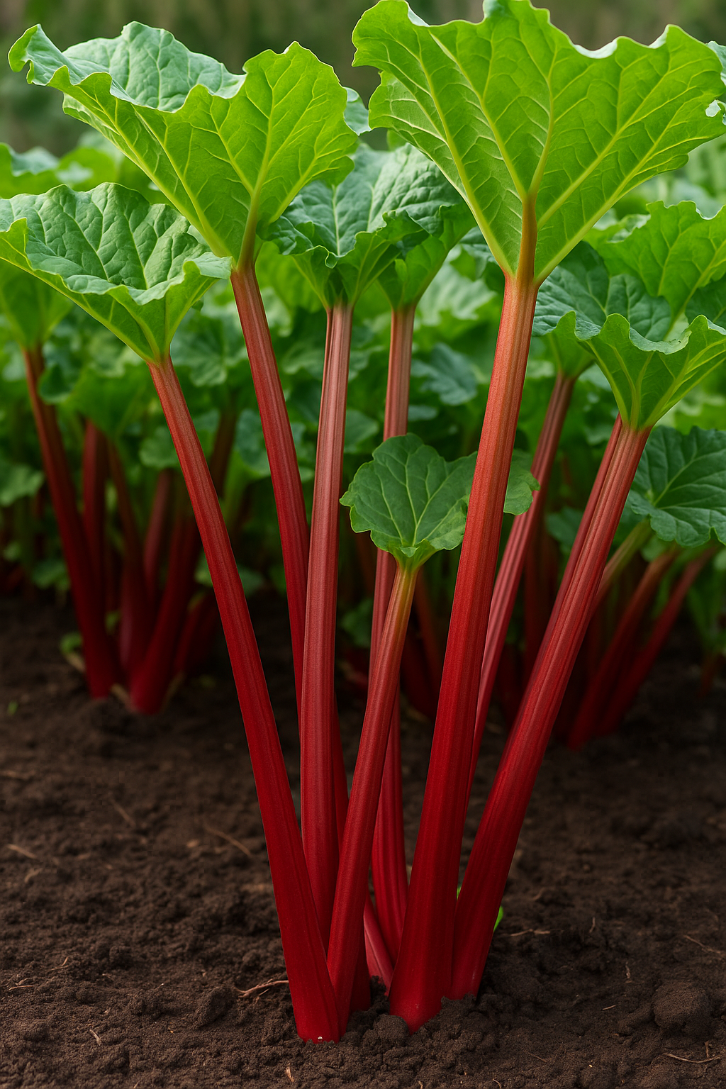 "건강하게 자란 루바브 식물, 붉은 줄기와 푸른 잎이 선명한 모습"